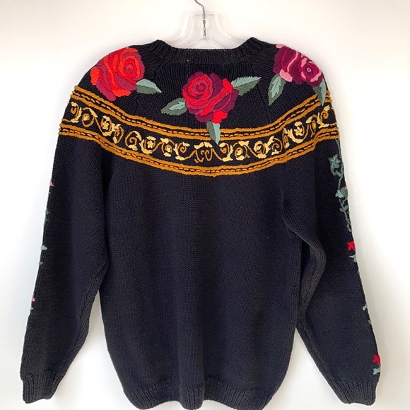 VTG Knitting Needles Hand-Knit /Embroidered Ramie Cotton Black Floral Sweater - Picture 6 of 11